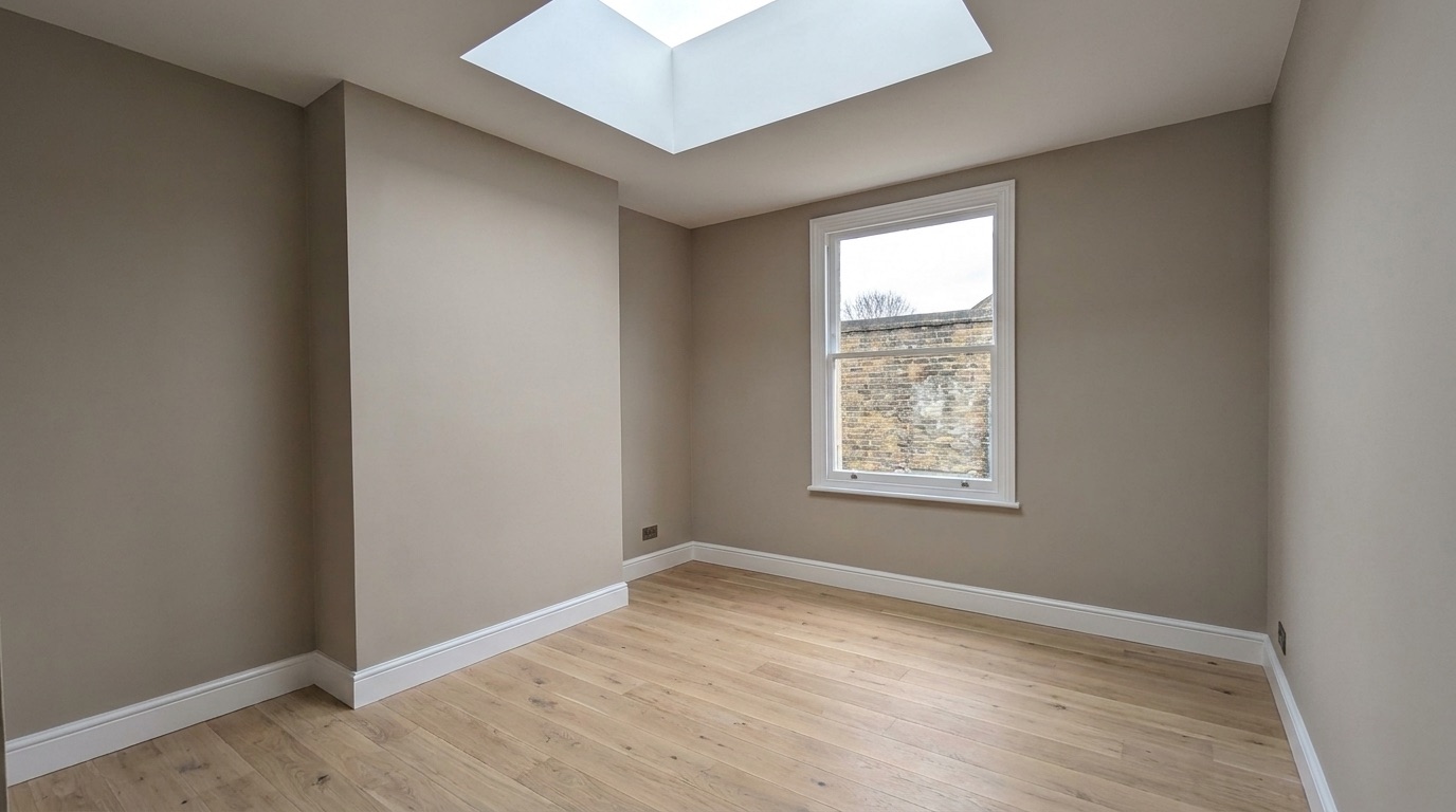 After: the same room finished in warm greige with crisp white woodwork