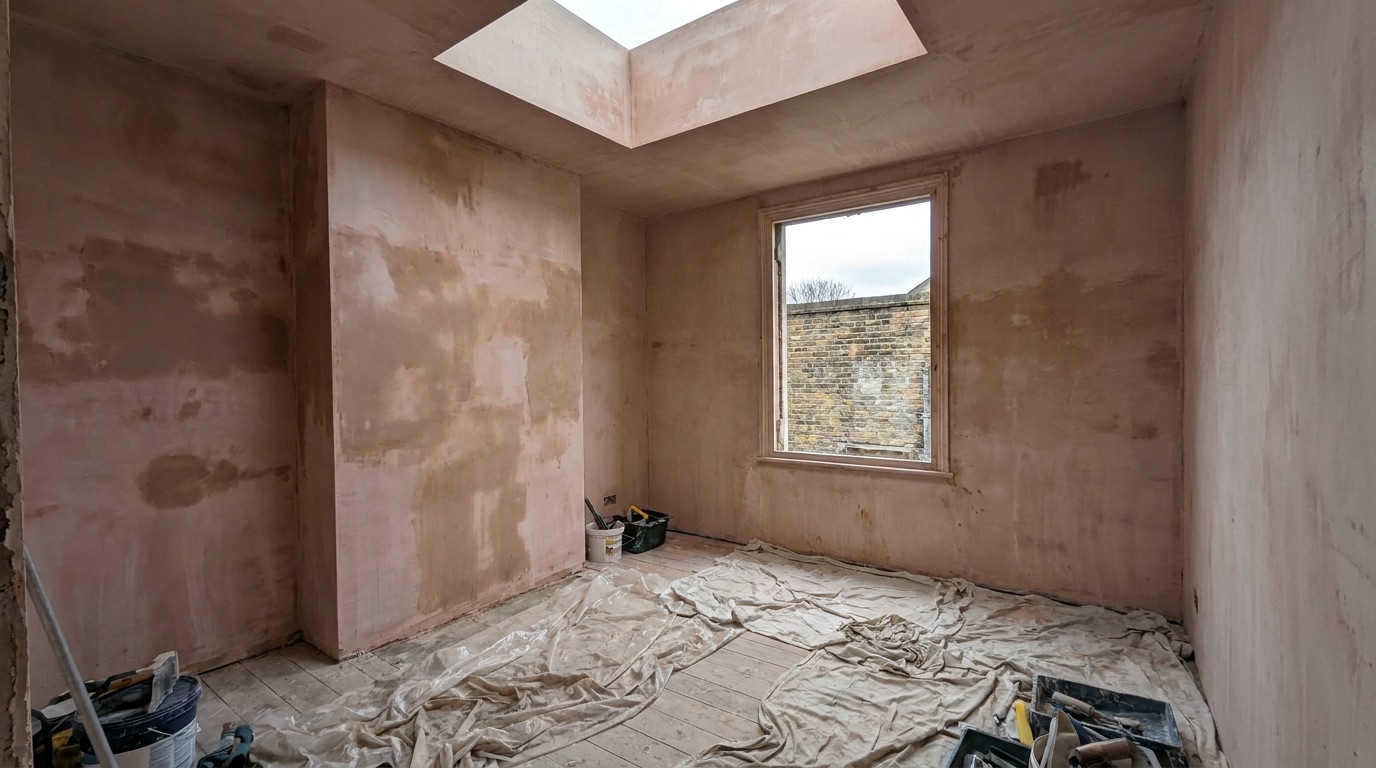 Before: a bare plaster room with an unpainted skylight reveal