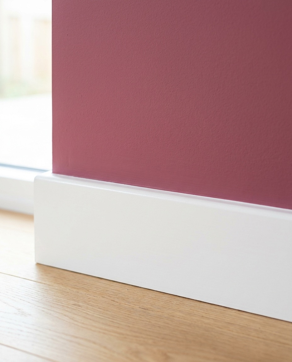 A crisp cutting-in detail between a berry pink wall and white painted skirting