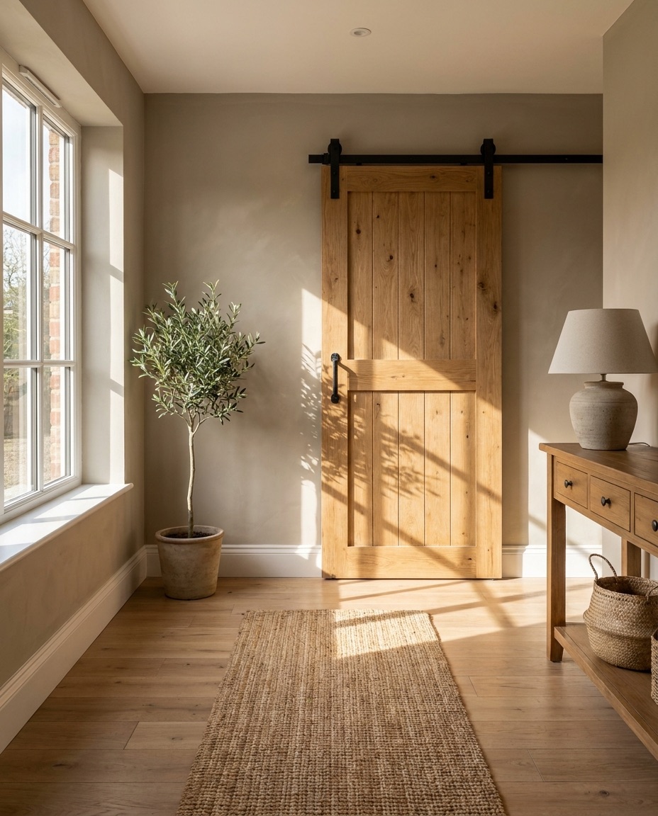 A sunlit finished extension hallway with an oak barn door