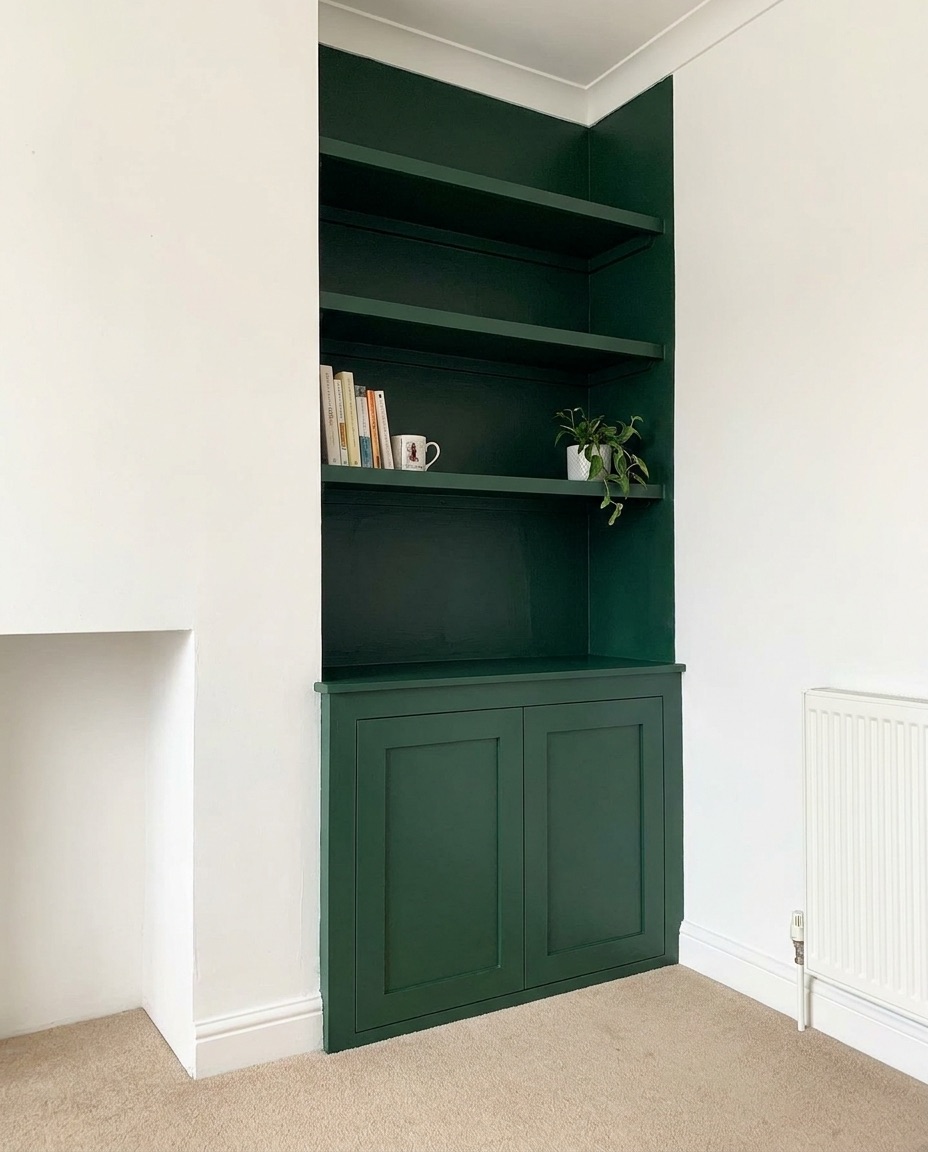 Built-in shelving and alcove joinery painted deep forest green