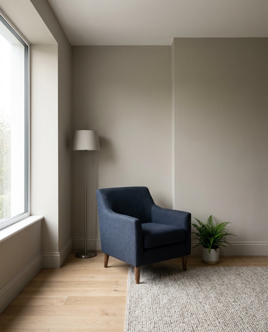 A room with warm greige walls and a deep navy accent wall