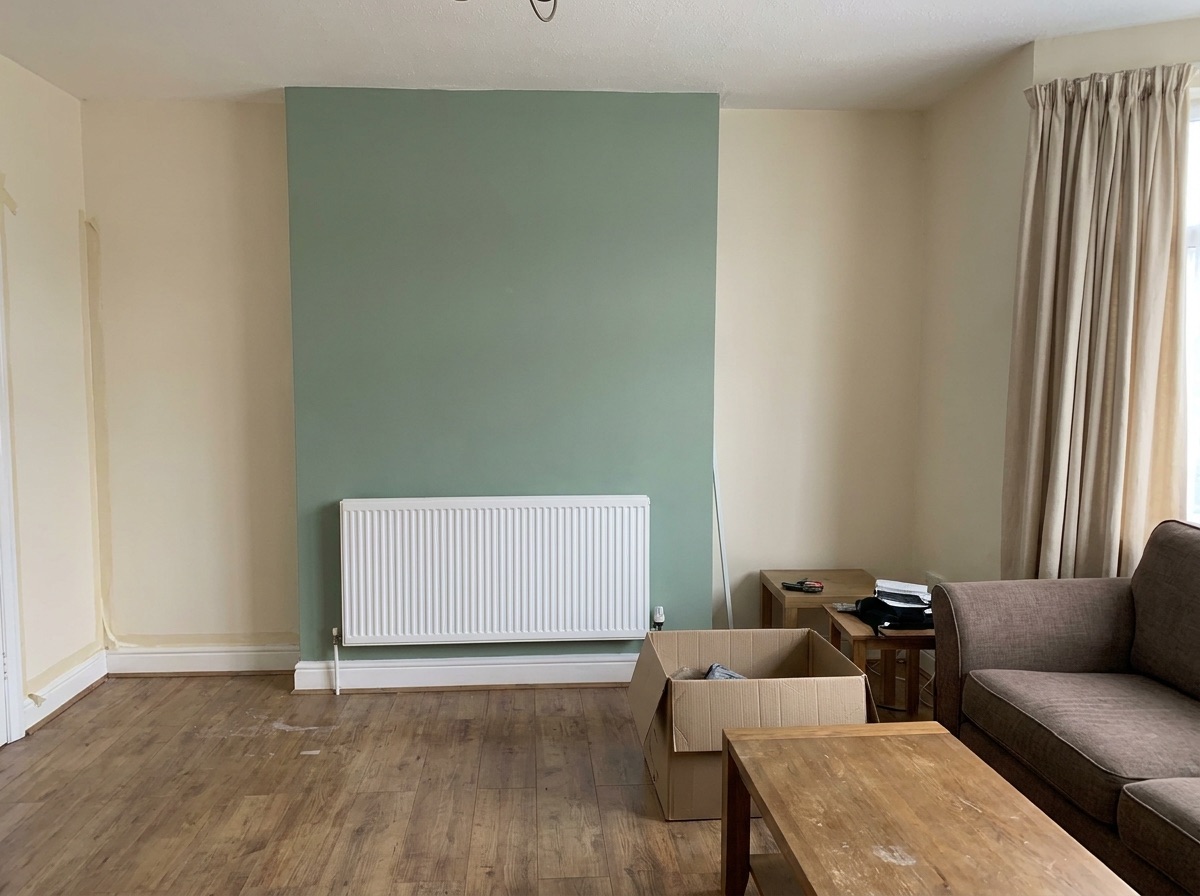 A freshly repainted lounge with cream walls and a sage green feature wall