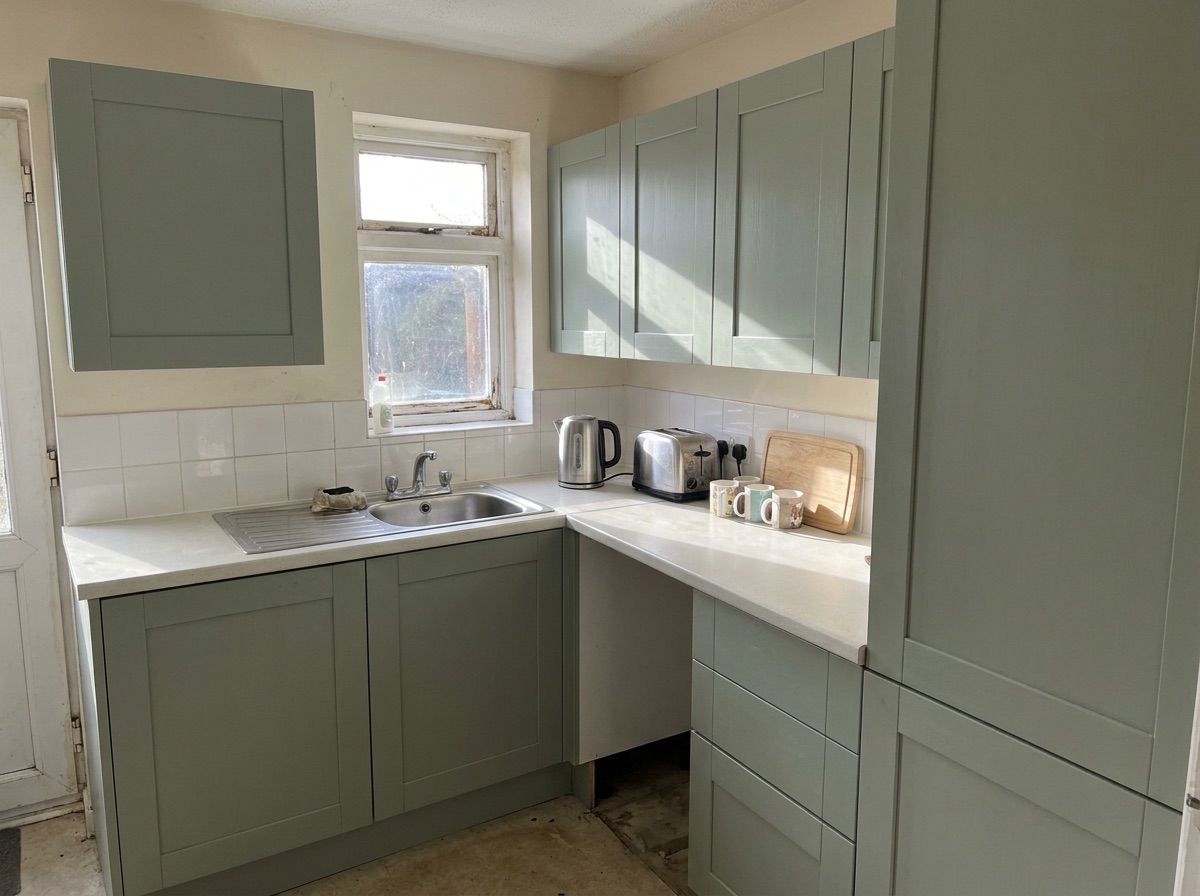 A kitchen with shaker doors hand-painted in sage green