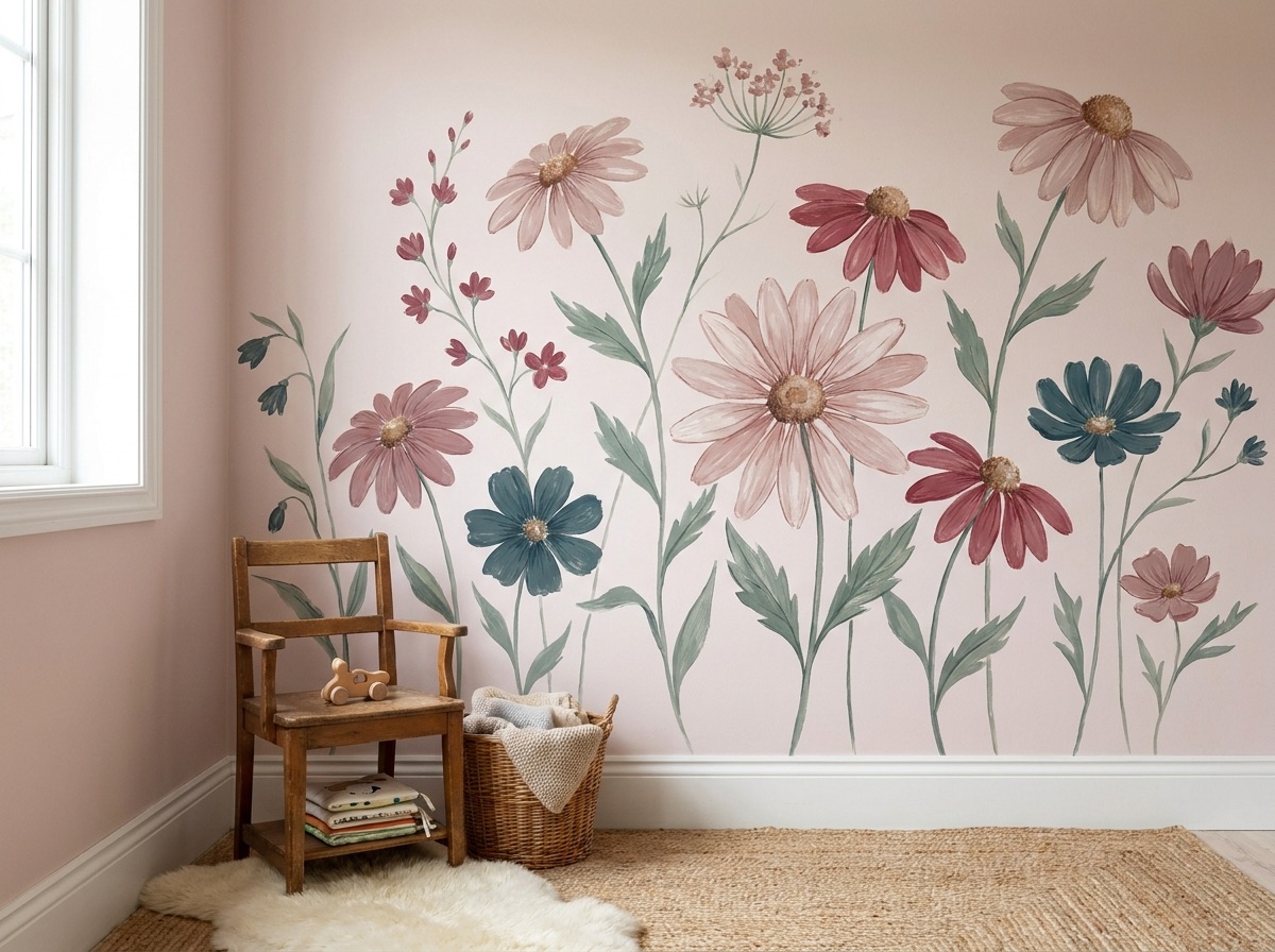 A hand-painted floral mural of retro daisies on a blush pink wall