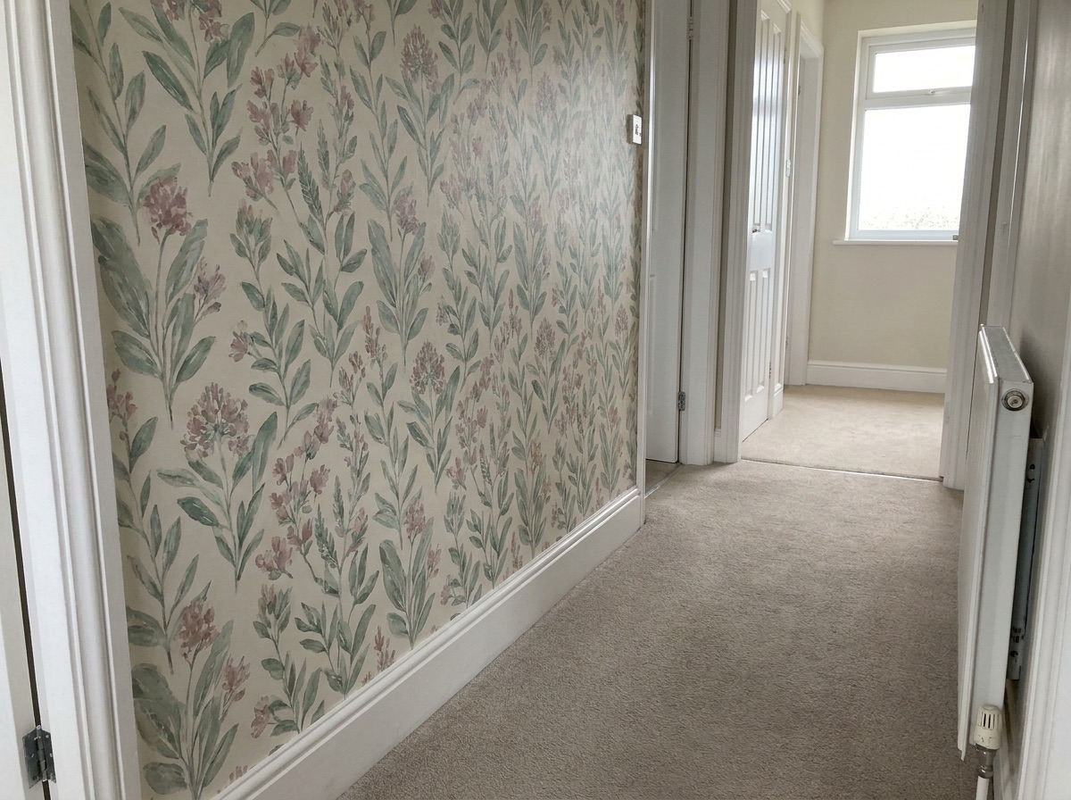 A hallway feature wall newly papered in a botanical print